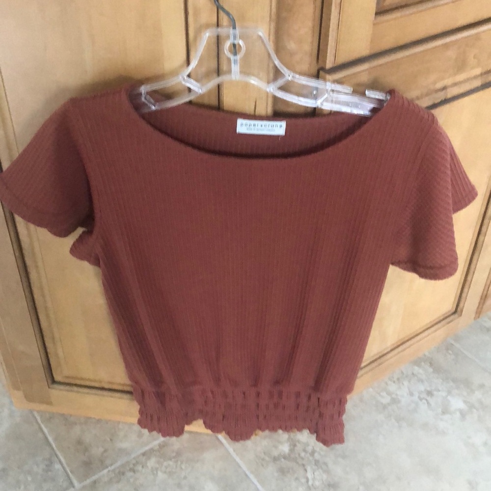 🌼Anthropologie Rust Bat Wing Short Sleeve Waffle Top .. Size Xs